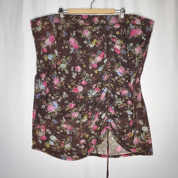 Torrid Skirt 6X Brown Floral Mesh Lined Stretch Drawstring Cinched Midi Pull-On - Picture 1 of 8